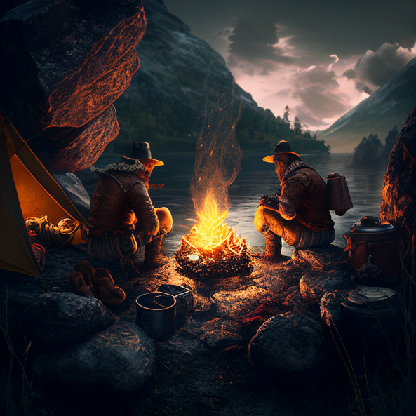 2 aventuriers autour d'un feu de camp allumé avec une pierre à feu devant un lac