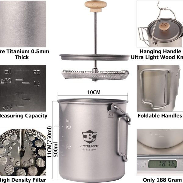 Presentation and dimensions of the 750ml titanium coffee pot