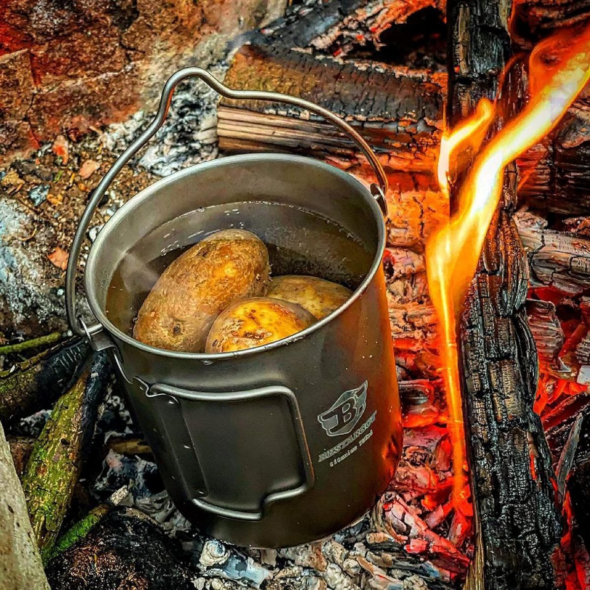 marmite en titane sur le feu de camp en train de faire cuir de la nourriture