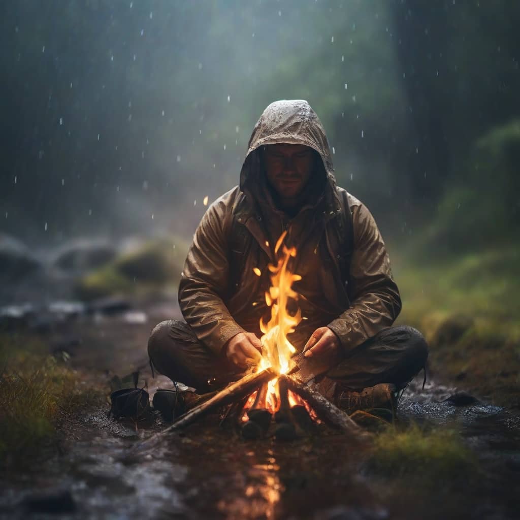 Un aventurier utilisant un firesteel sous la pluie pour allumer un feu.