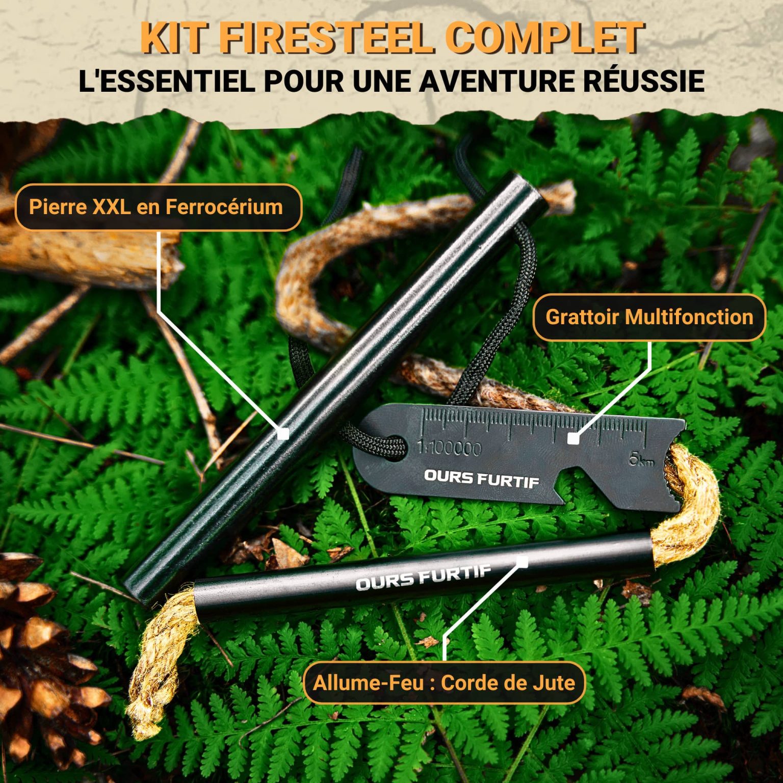 Kit Survie Pierre à Feu Magnésium 7 En 1 - Barre XXL 12,7 Mm, 20 000 Allumages, Pour Camping Et Randonnée