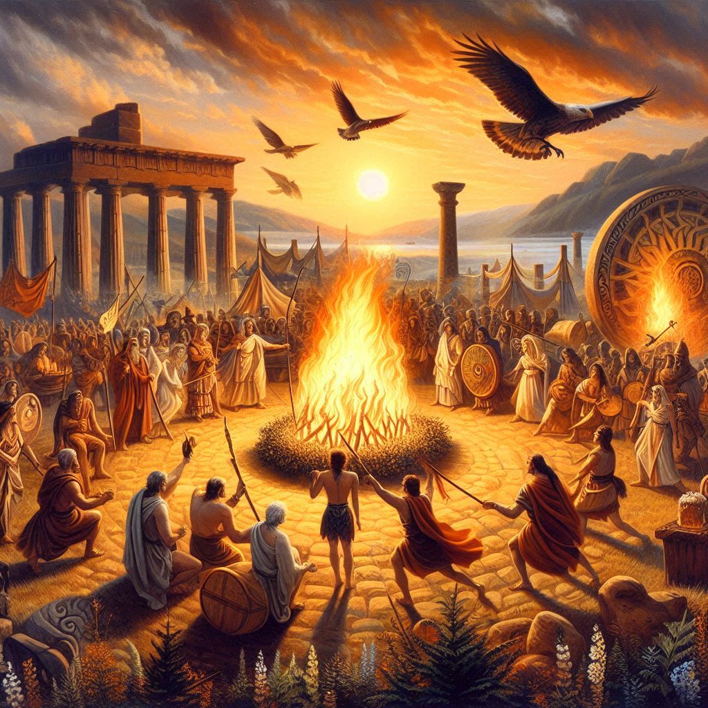 Illustration de rituels anciens utilisant le feu, incluant des Celtes et des Grecs.