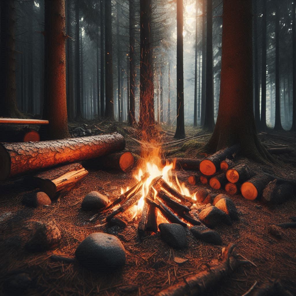 Un feu de camp crépitant en forêt avec une pierre à feu posée à côté.