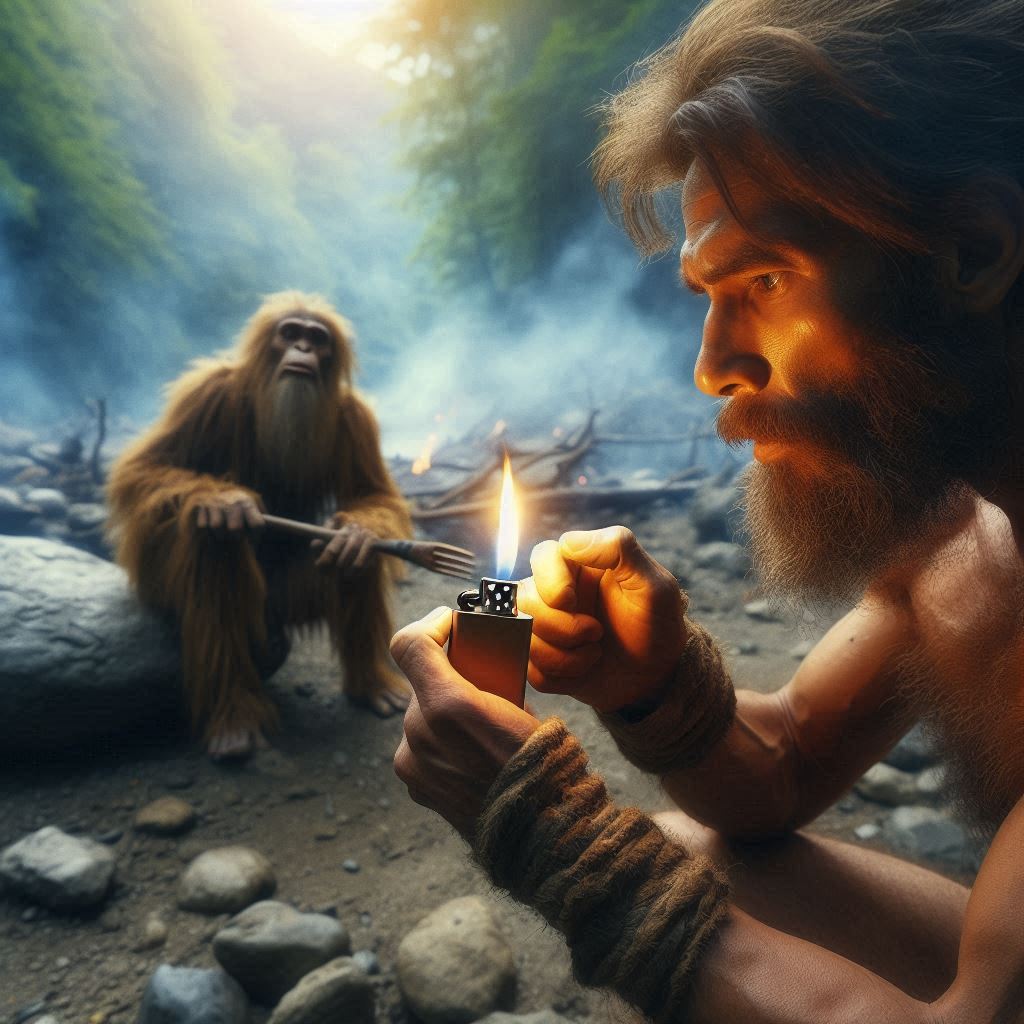 Un homo sapiens qui découvre le feu avec un briquet moderne, avec un singe en arrière plan qui le regarde.