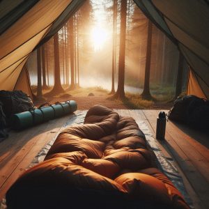 Une tente avec un sac de couchage dans la nature