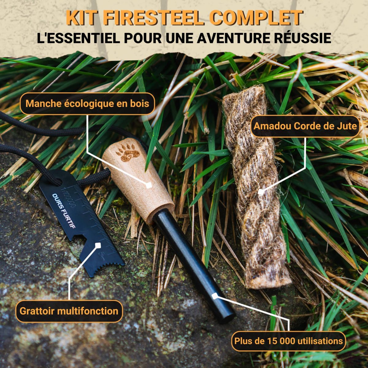 pierre à feu kit xl firesteel de survie avec corde de jute