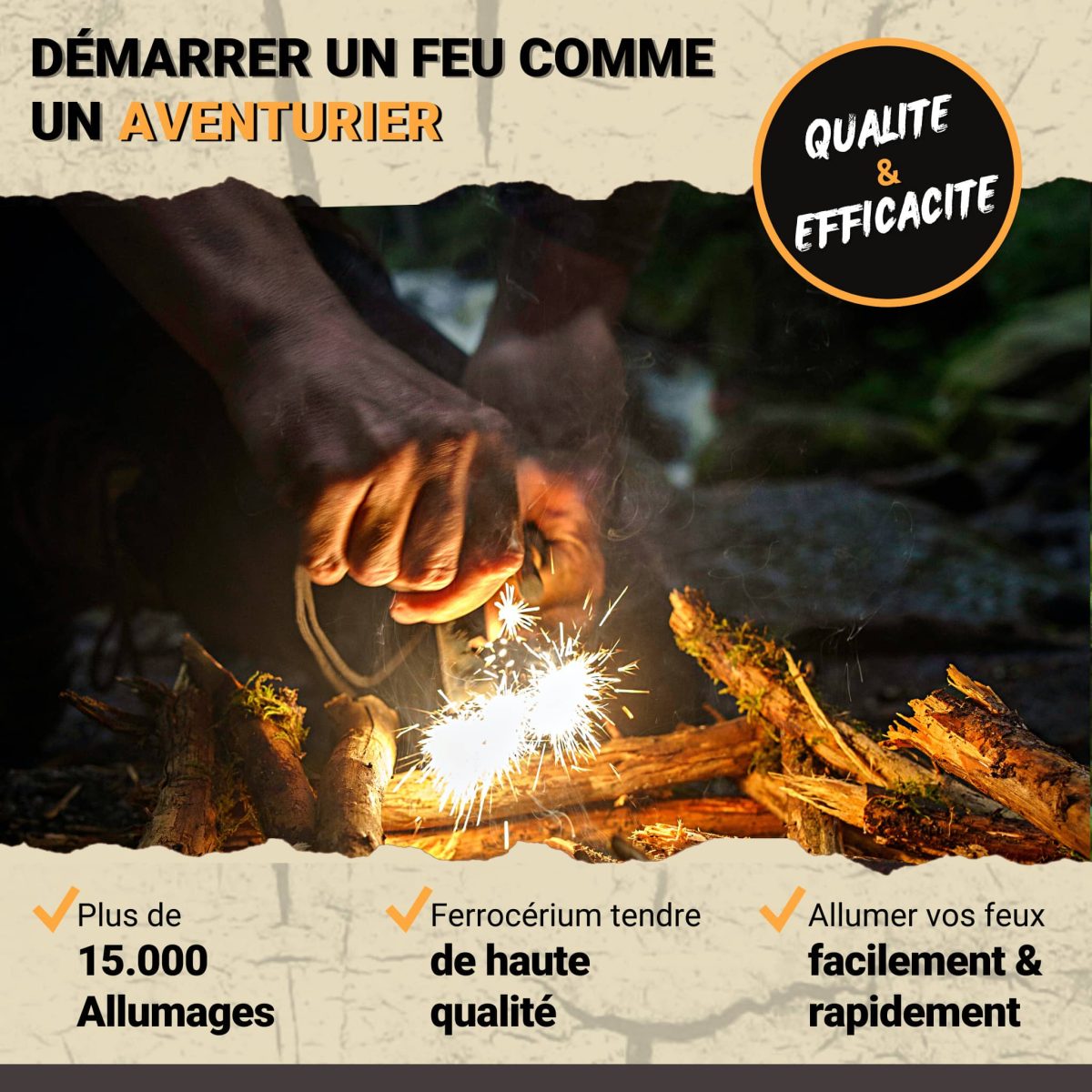 pierre à feu kit xl firesteel de survie avec corde de jute